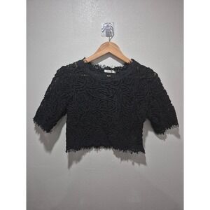 San Joy Black Lace‎ Crop Top Short Sleeve Fringed Hem Womens